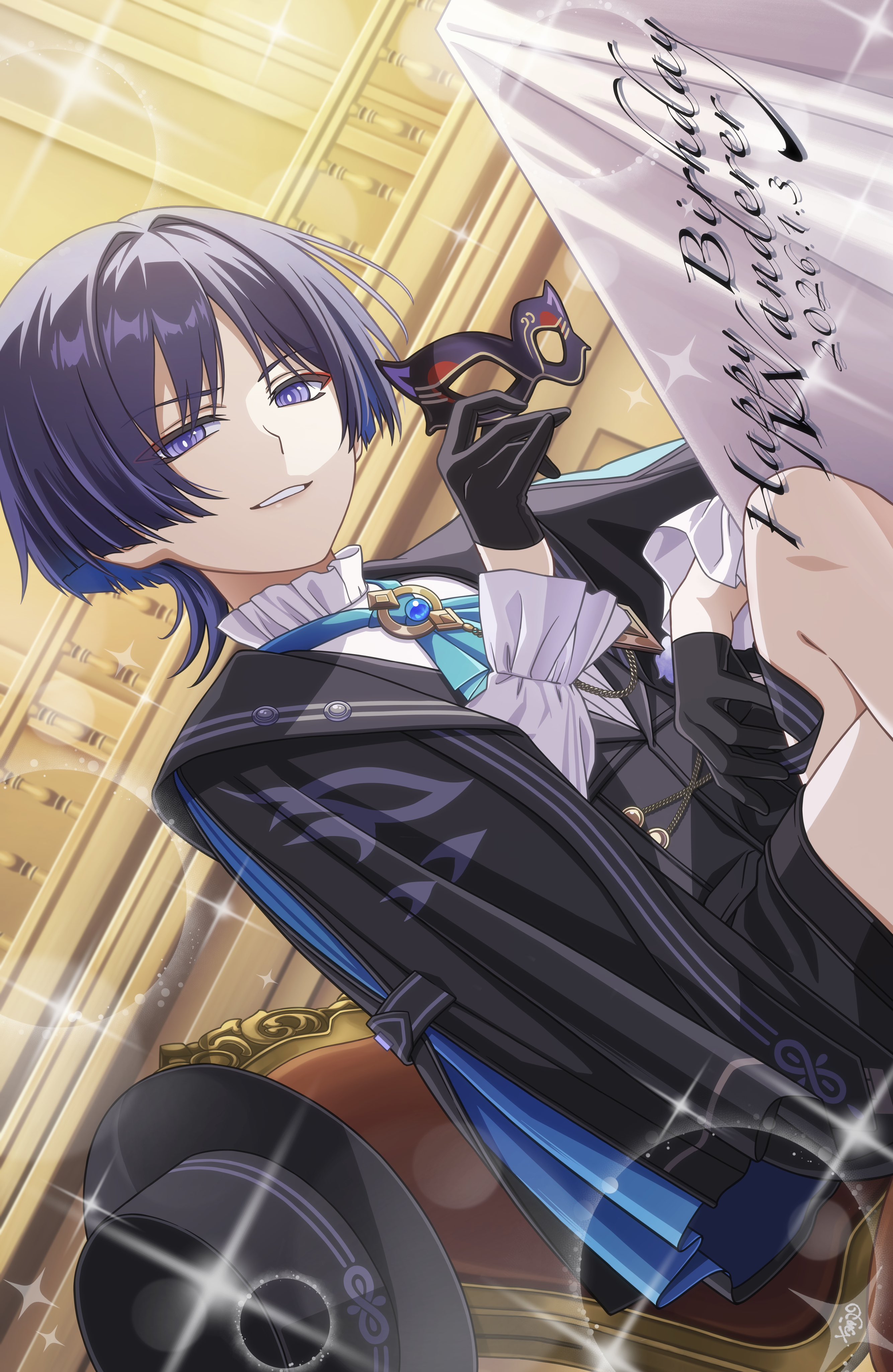 scaramouche (genshin impact), wanderer (genshin impact), genshin impact, absurdres, commentary request, highres, 1boy, alternate costume, ascot, bishounen, black hat, black shorts, blue ascot, dutch angle, happy birthday, hat, looking at viewer, male focus, mask, masquerade mask, nezumi0814, purple eyes, purple hair, short hair, shorts, solo, thighs, unworn headwear