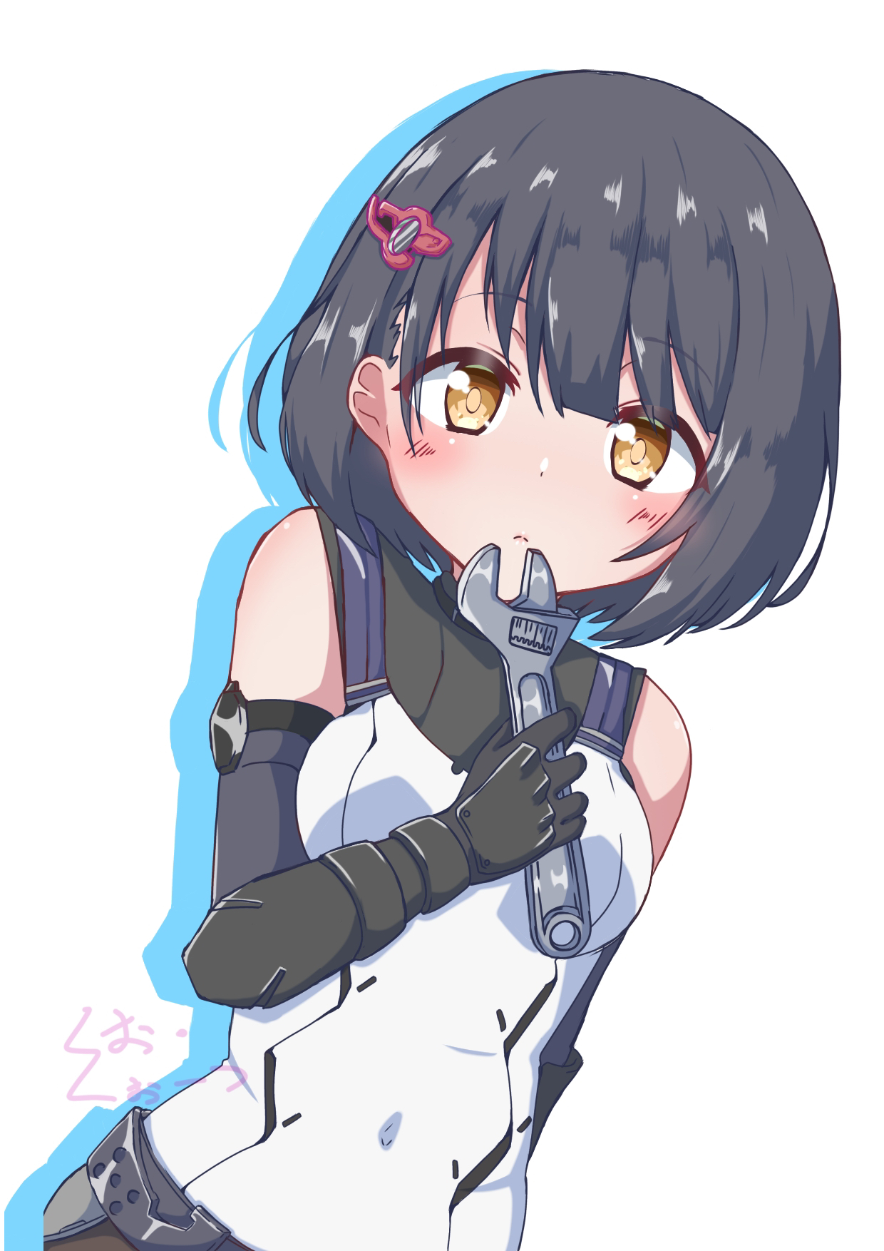 tenoo, lin lee koo, xenoblade chronicles (series), xenoblade chronicles x, commentary request, highres, 1girl, bare shoulders, black hair, blush, breasts, closed mouth, covered navel, drop shadow, elbow gloves, gloves, hair ornament, hairpin, holding, holding wrench, layered gloves, looking at viewer, medium breasts, medium hair, shirt, sleeveless, sleeveless shirt, solo, upper body, white shirt, wrench, yellow eyes