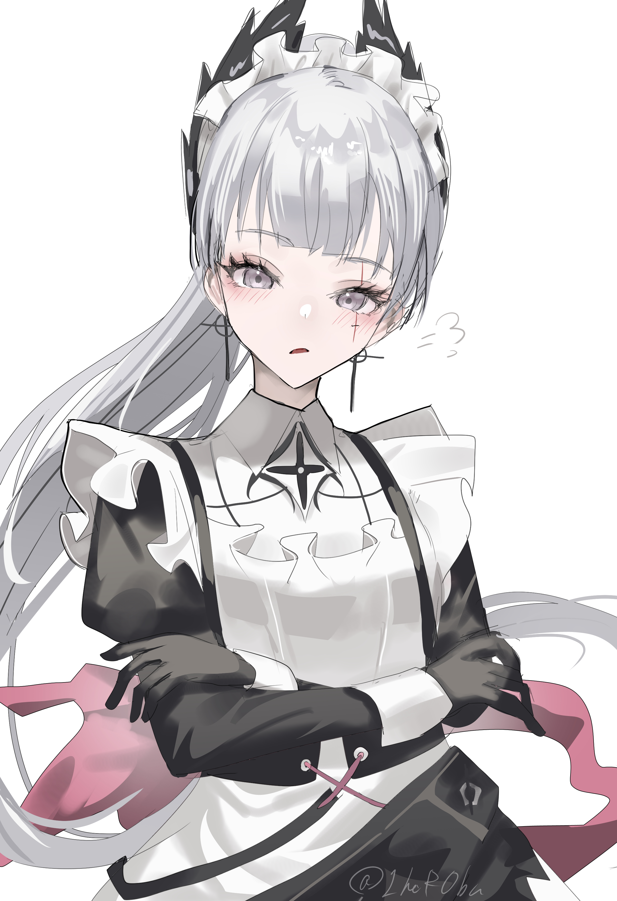 horobu, irene (arknights), irene (voyage of feathers) (arknights), ambience synesthesia, arknights, absurdres, commentary request, highres, 1girl, black gloves, blush, cross, cross earrings, crossed arms, earrings, frills, gloves, grey eyes, jewelry, latin cross, long hair, long sleeves, looking at viewer, maid, maid headdress, official alternate costume, parted lips, ponytail, puff of air, simple background, solo, twitter username, watermark, white background, white hair