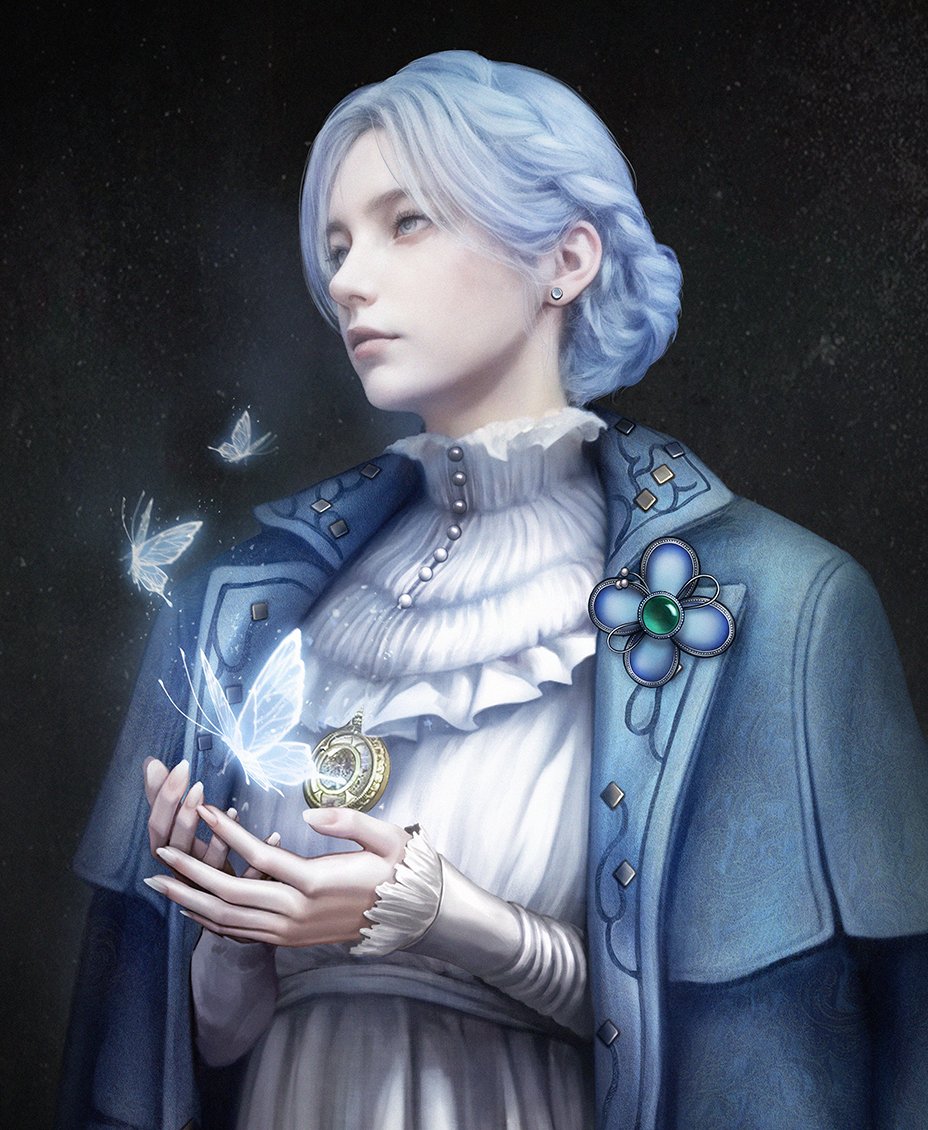 kem2064, sophia monad, lies of p, commentary, english commentary, 1girl, blue butterfly, blue coat, blue eyes, blue hair, braid, brooch, bug, butterfly, coat, dark background, dress, earrings, insect, jewelry, long sleeves, open clothes, open coat, sleeves past wrists, solo, stud earrings, upper body, white dress