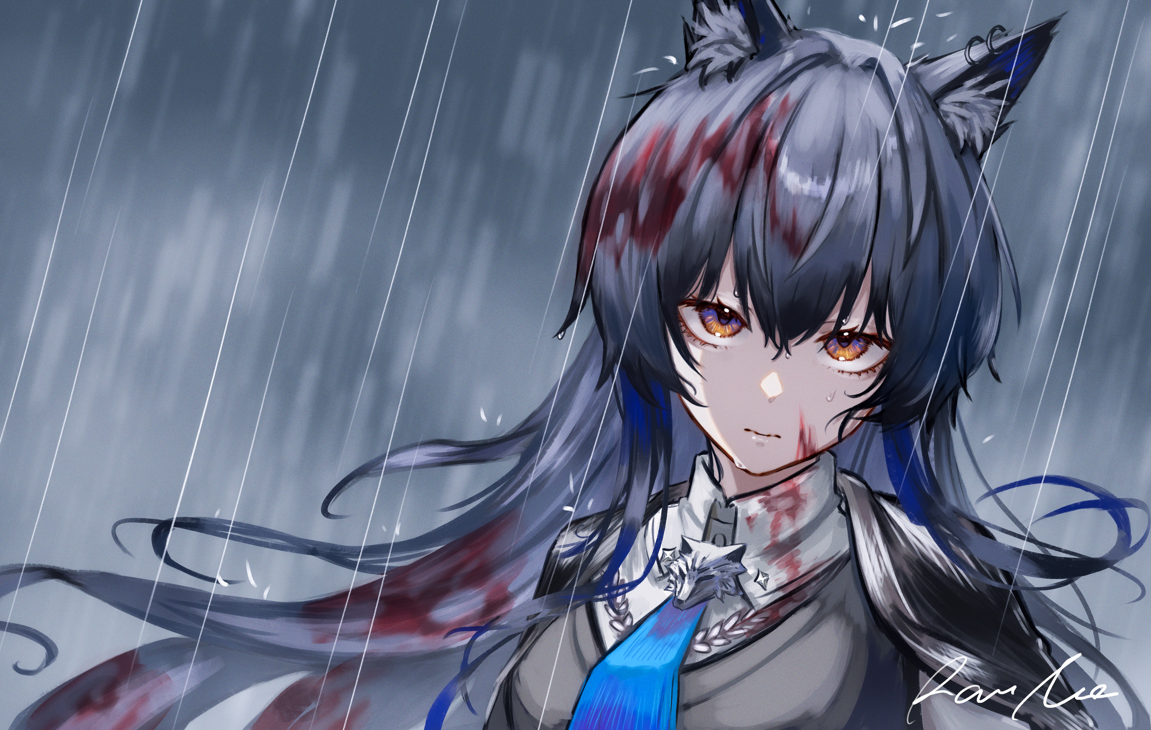 rau ma (the rauma001), texas (arknights), texas the omertosa (arknights), arknights, absurdres, commentary request, highres, 1girl, animal ear piercing, animal ears, black cape, black hair, blood, blood in hair, blood on face, blurry, blurry background, cape, closed mouth, collared shirt, hair between eyes, long hair, looking at viewer, multicolored eyes, orange eyes, outdoors, portrait, purple eyes, rain, serious, shirt, signature, solo, staring, two-tone eyes, wet, white shirt, wind, wolf ears, wolf girl