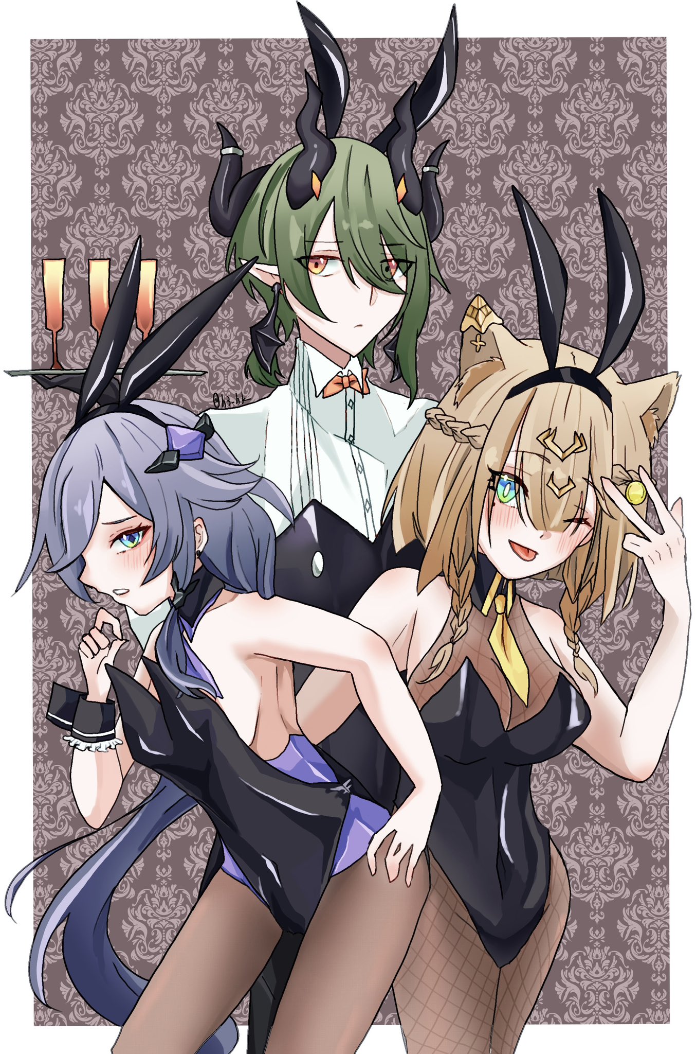 h3 hk, fu hua, kosma, pardofelis, honkai (series), honkai impact 3rd, commentary request, highres, 1boy, 2girls, ;p, animal ears, black leotard, black pantyhose, blue eyes, border, breasts, brown hair, bunny day, cat ears, cat girl, champagne flute, cup, drinking glass, fake animal ears, fishnet pantyhose, fishnets, green eyes, green hair, grey hair, holding, leotard, long hair, medium breasts, multiple girls, one eye closed, orange eyes, pantyhose, playboy bunny, pointy ears, rabbit ears, see-through cleavage, see-through clothes, short hair, short hair with long locks, sideboob, small breasts, tongue, tongue out, very long hair, white border