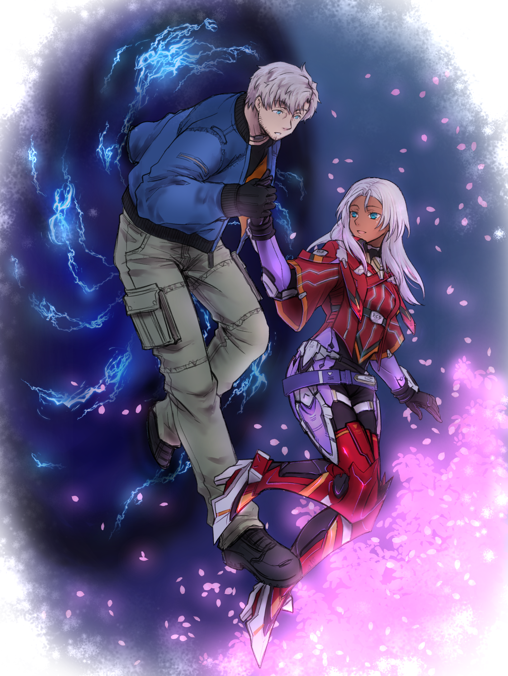 takano (yotakanoyume), alois bernholt, elma (xenoblade x), xenoblade chronicles (series), xenoblade chronicles x, commentary request, highres, 1boy, 1girl, black gloves, black shoes, blue eyes, blue jacket, dark-skinned female, dark skin, full body, gloves, grey hair, high heels, jacket, pants, shoes, white hair