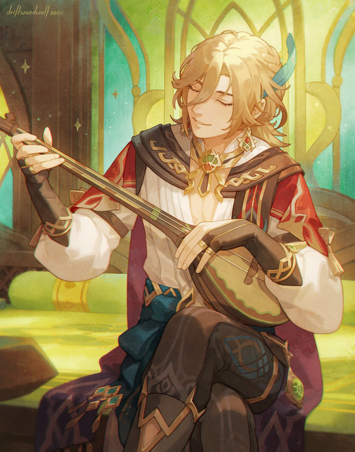 driftwoodwolf, kaveh (genshin impact), genshin impact, commentary, english commentary, 1boy, artist name, black boots, black gloves, black pants, blonde hair, blue sash, boots, cape, closed eyes, crossed legs, dated, dendro symbol (genshin impact), earrings, feather hair ornament, feathers, fingerless gloves, gloves, gold trim, green feathers, hair between eyes, hair ornament, instrument, jewelry, long sleeves, male focus, medium hair, music, pants, parted lips, playing instrument, red cape, sash, shirt, solo, vision (genshin impact), white shirt