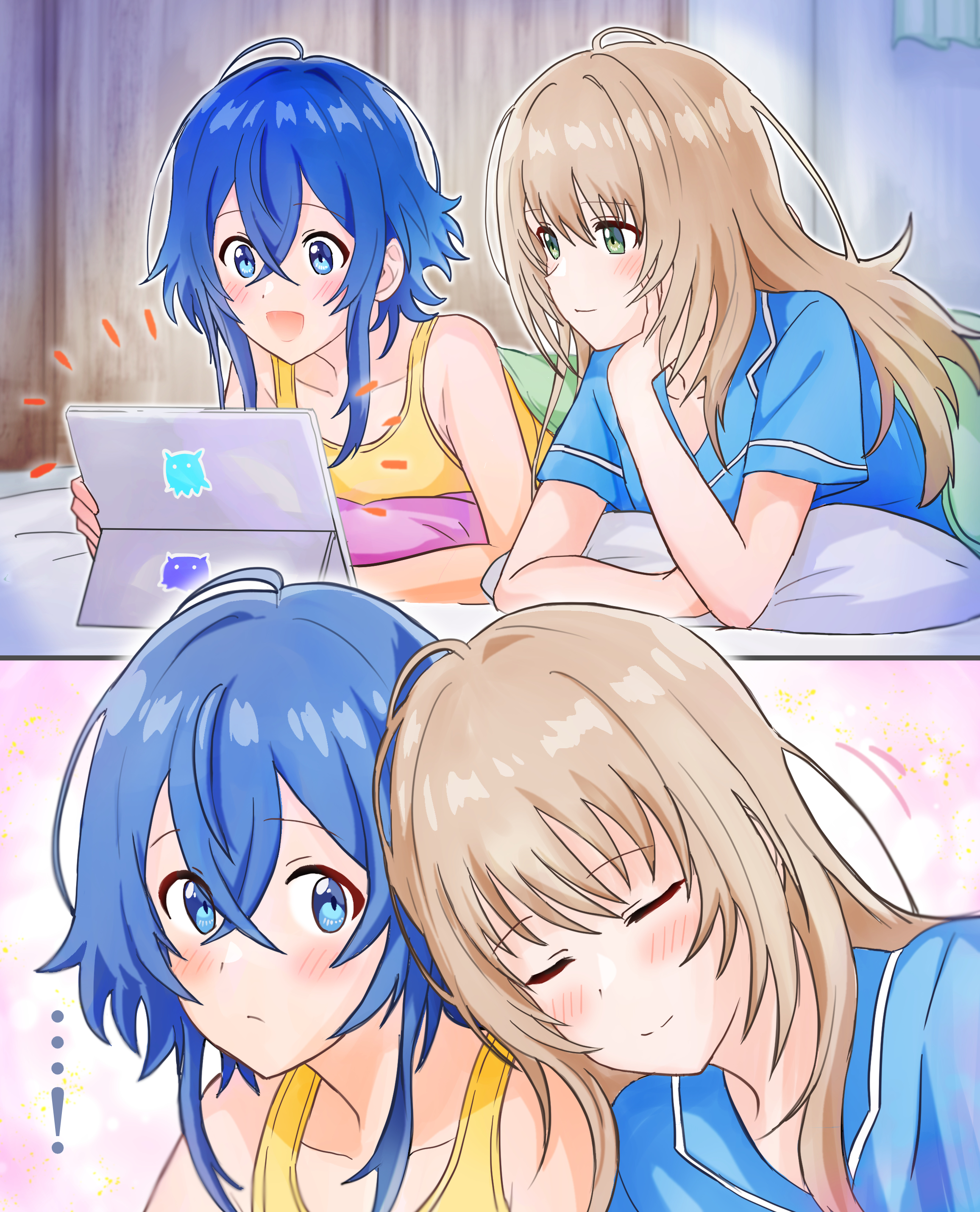 misakino kukuru, miyazawa fuuka, shiroi suna no aquatope, absurdres, commentary request, highres, 2girls, blue eyes, blue hair, blue shirt, blush, brown hair, closed mouth, green eyes, head on another's shoulder, indoors, long hair, lying, multiple girls, on bed, on stomach, open mouth, shirt, smile, tablet pc, tank top, upalupatarara, yellow tank top, yuri
