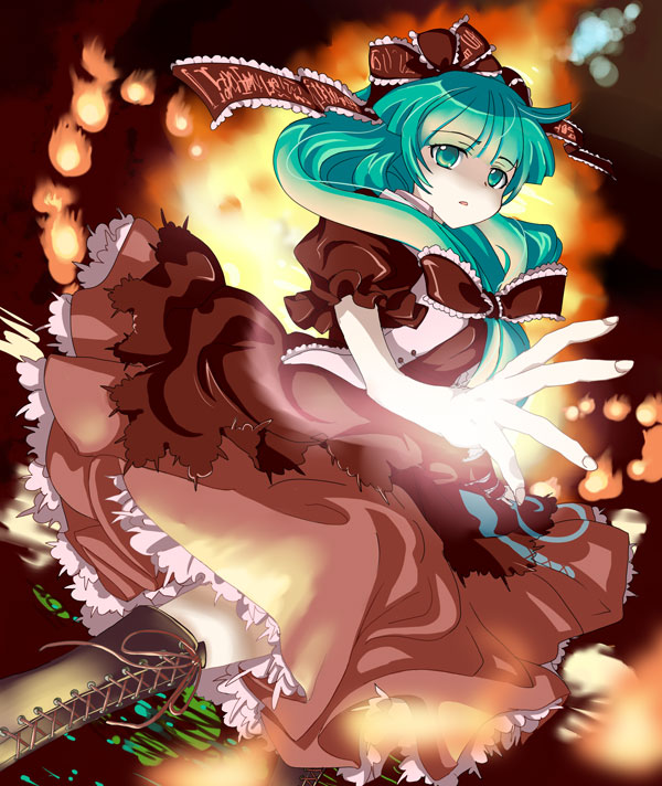 nanami sano, kagiyama hina, touhou, 1girl, boots, bow, danmaku, female focus, fire, foreshortening, front ponytail, green eyes, green hair, hair bow, hair ribbon, matching hair/eyes, ribbon, solo