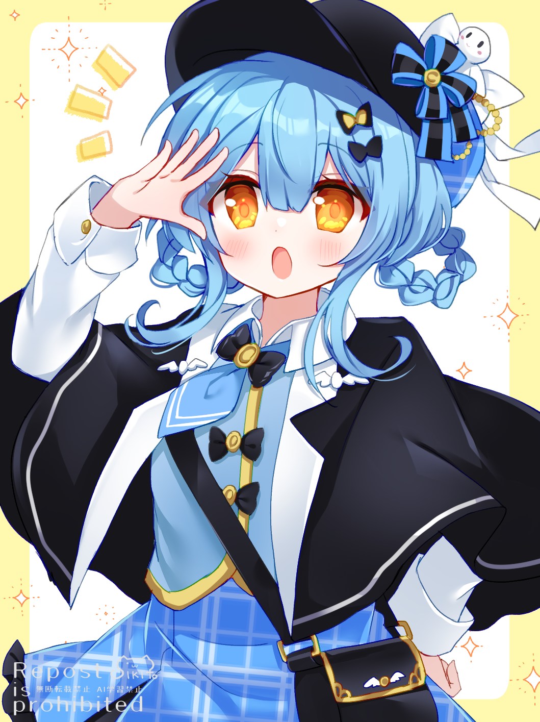 shikito (yawa0w0), tachibana sherry, mahou shoujo no majo saiban, commentary request, highres, 1girl, :o, black bag, black bow, black capelet, black hat, blue hair, blue necktie, blue skirt, blue vest, blunt bangs, border, bow, braid, braided hair rings, capelet, deerstalker, hair between eyes, hair bow, hair rings, hand up, hat, long sleeves, looking at viewer, necktie, notice lines, open mouth, outside border, plaid clothes, plaid skirt, pleated skirt, short hair, skirt, solo, sparkle, vest, yellow border, yellow eyes