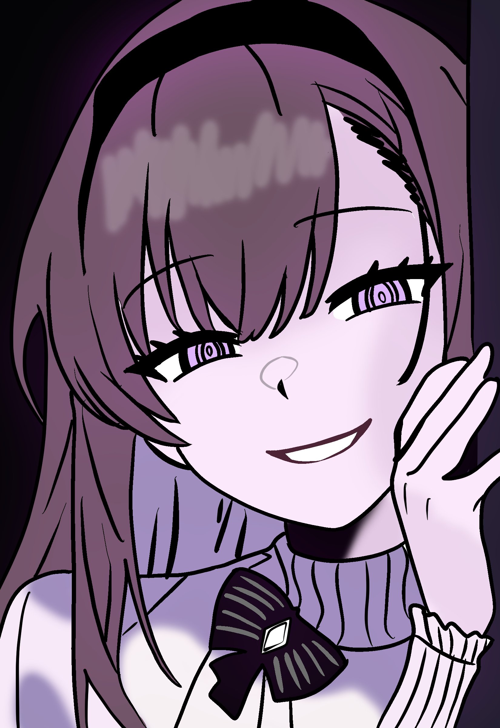 lucia (luciatehe), priestess (arknights), arknights, absurdres, commentary, highres, symbol-only commentary, 1girl, black background, black hairband, brown hair, evil grin, evil smile, grin, hair between eyes, hairband, hand up, long hair, long sleeves, looking at viewer, pink eyes, shirt, simple background, smile, solo, turtleneck, turtleneck shirt, white shirt