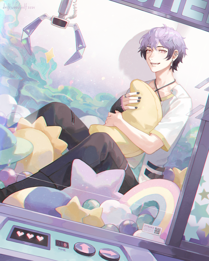 driftwoodwolf, original, commentary, english commentary, 1boy, artist name, black pants, crane game, crescent, double-parted bangs, full body, hair between eyes, looking at viewer, male focus, open mouth, pants, purple hair, red eyes, shirt, short hair, short sleeves, sitting, smile, solo, white shirt