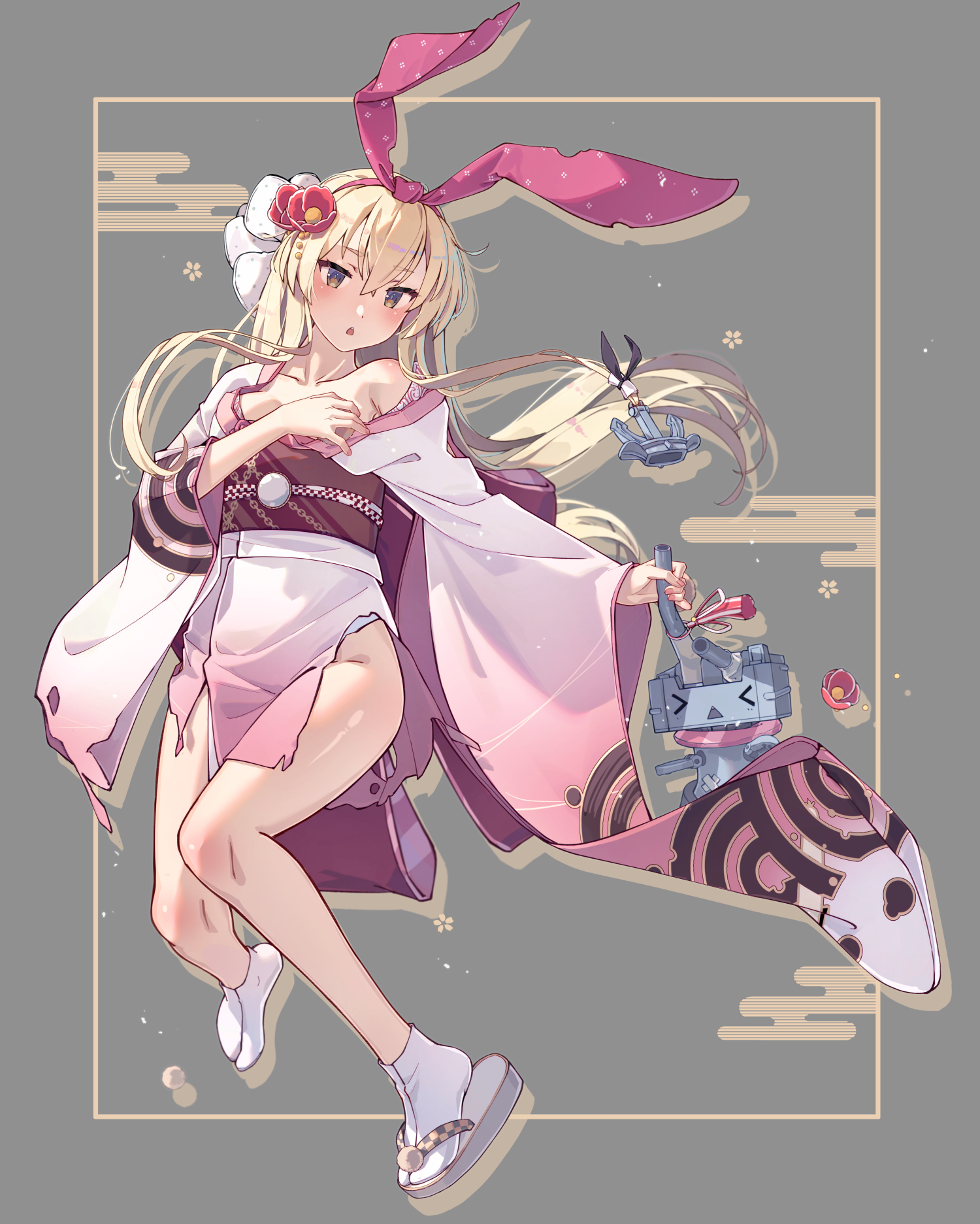 himeyamato, rensouhou-chan, shimakaze (kancolle), shimakaze (new year) (kancolle), kantai collection, highres, revision, 1girl, anchor hair ornament, blonde hair, breasts, chain print, flower, grey background, hair between eyes, hair flower, hair ornament, hairband, japanese clothes, kimono, long hair, medium breasts, obi, official alternate costume, pink hairband, pink kimono, print kimono, red flower, sash, torn clothes, torn kimono, very long hair, wide sleeves, yellow eyes