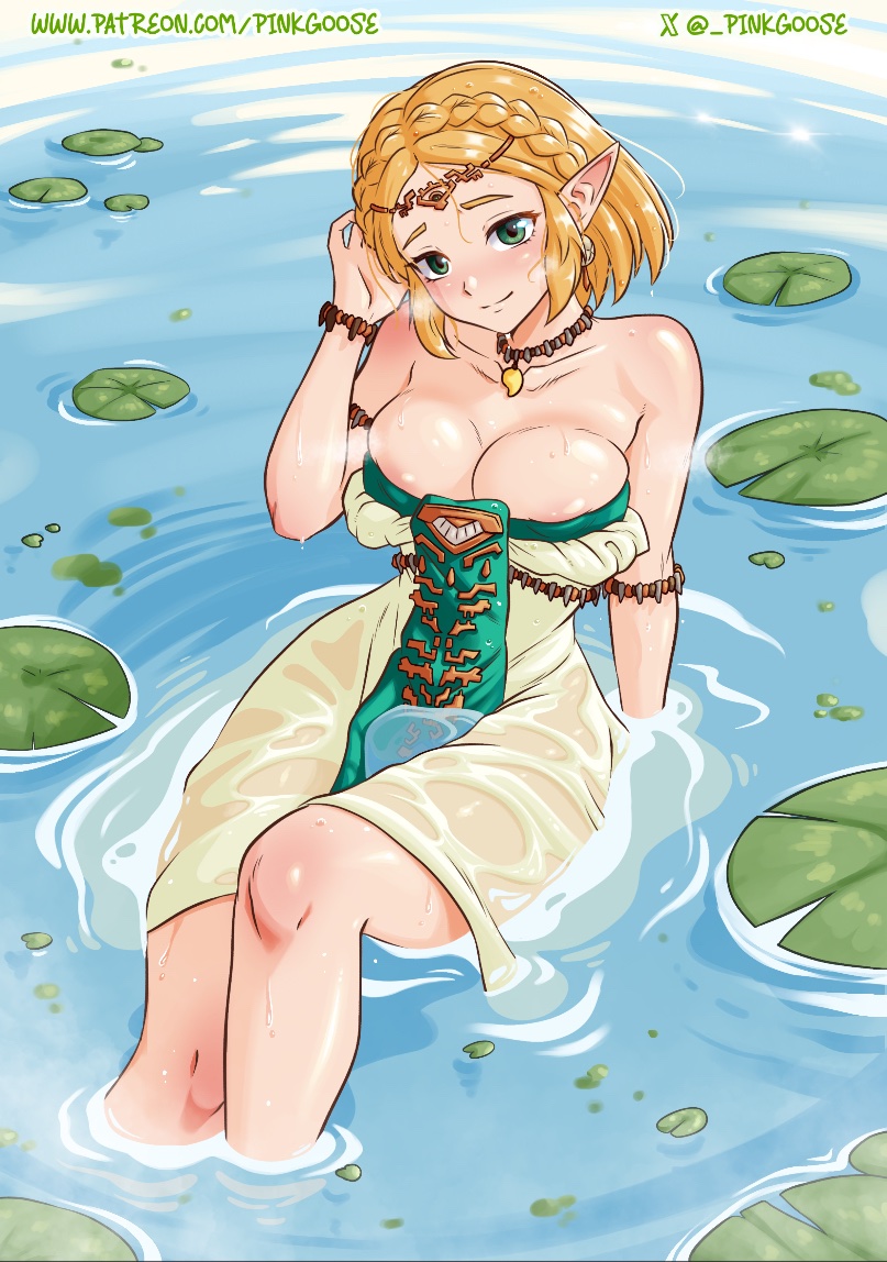 gurinsensei, princess zelda, nintendo, the legend of zelda, the legend of zelda: tears of the kingdom, commentary, english commentary, paid reward available, 1girl, areola slip, arm support, armlet, artist name, blonde hair, blue background, bracelet, braid, breasts, cleavage, closed mouth, crown braid, dress, earrings, green eyes, hand in own hair, jewelry, knee up, large breasts, lily pad, magatama, magatama necklace, necklace, partially submerged, patreon username, pointy ears, secret stone, short hair, sitting, smile, solo, strapless, strapless dress, twitter username, twitter x logo, water, wet, white dress