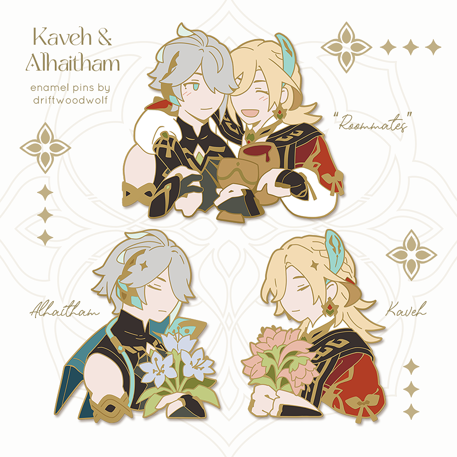 driftwoodwolf, alhaitham (genshin impact), kaveh (genshin impact), genshin impact, commentary, english commentary, 2boys, :d, ^ ^, artist name, black shirt, blonde hair, blue flower, blush, character name, closed eyes, closed mouth, cropped torso, double-parted bangs, flower, green eyes, grey hair, hair between eyes, hair over one eye, holding, holding flower, long hair, long sleeves, male focus, multiple boys, open mouth, red flower, red shirt, shirt, short hair, smile, white background