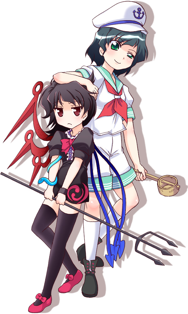 kairakuen umenoka, houjuu nue, murasa minamitsu, touhou, 2girls, black hair, black thighhighs, dress, female focus, green eyes, hat, hishaku, ladle, multiple girls, polearm, red eyes, sailor, sailor collar, sailor hat, short hair, snake, spear, thighhighs, trident, weapon, white background, wings