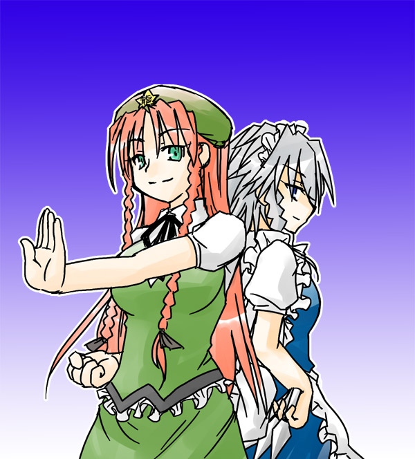 cherry blossoms (artist), sakura (doors), hong meiling, izayoi sakuya, touhou, silver hair, bad id, bad pixiv id, 2girls, blue eyes, braid, breasts, female focus, gradient background, green eyes, hat, knife, long hair, maid, multiple girls, red hair, skirt, throwing knife, twin braids, weapon, white background