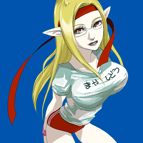 maya shidou, phantasy star, phantasy star universe, artist request, lowres, blonde hair, breasts, elf, glasses, gym uniform, headband, long hair, pointy ears, red eyes