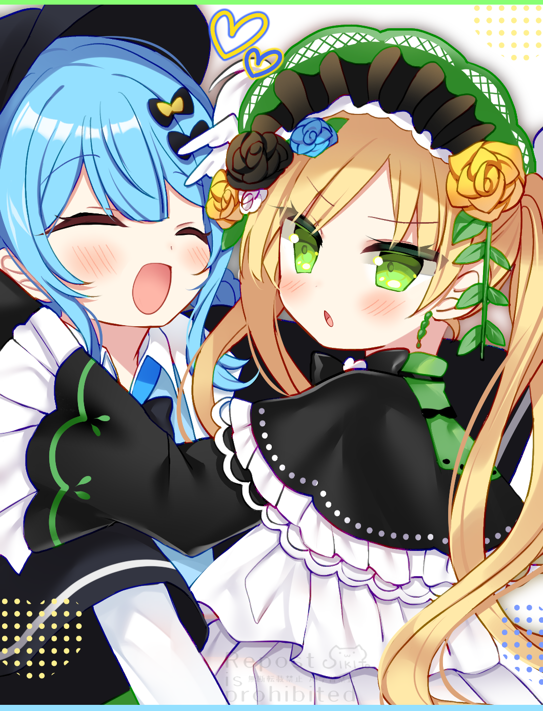 shikito (yawa0w0), tachibana sherry, tono hanna, mahou shoujo no majo saiban, commentary request, highres, 2girls, :d, black capelet, black flower, black hat, black rose, blonde hair, blue hair, braid, braided hair rings, capelet, closed eyes, flower, green bonnet, green eyes, hair rings, hat, heart, hug, lolita fashion, long hair, long sleeves, looking at viewer, looking back, multiple girls, open mouth, rose, short hair, smile, twintails, upper body, yellow flower, yellow rose