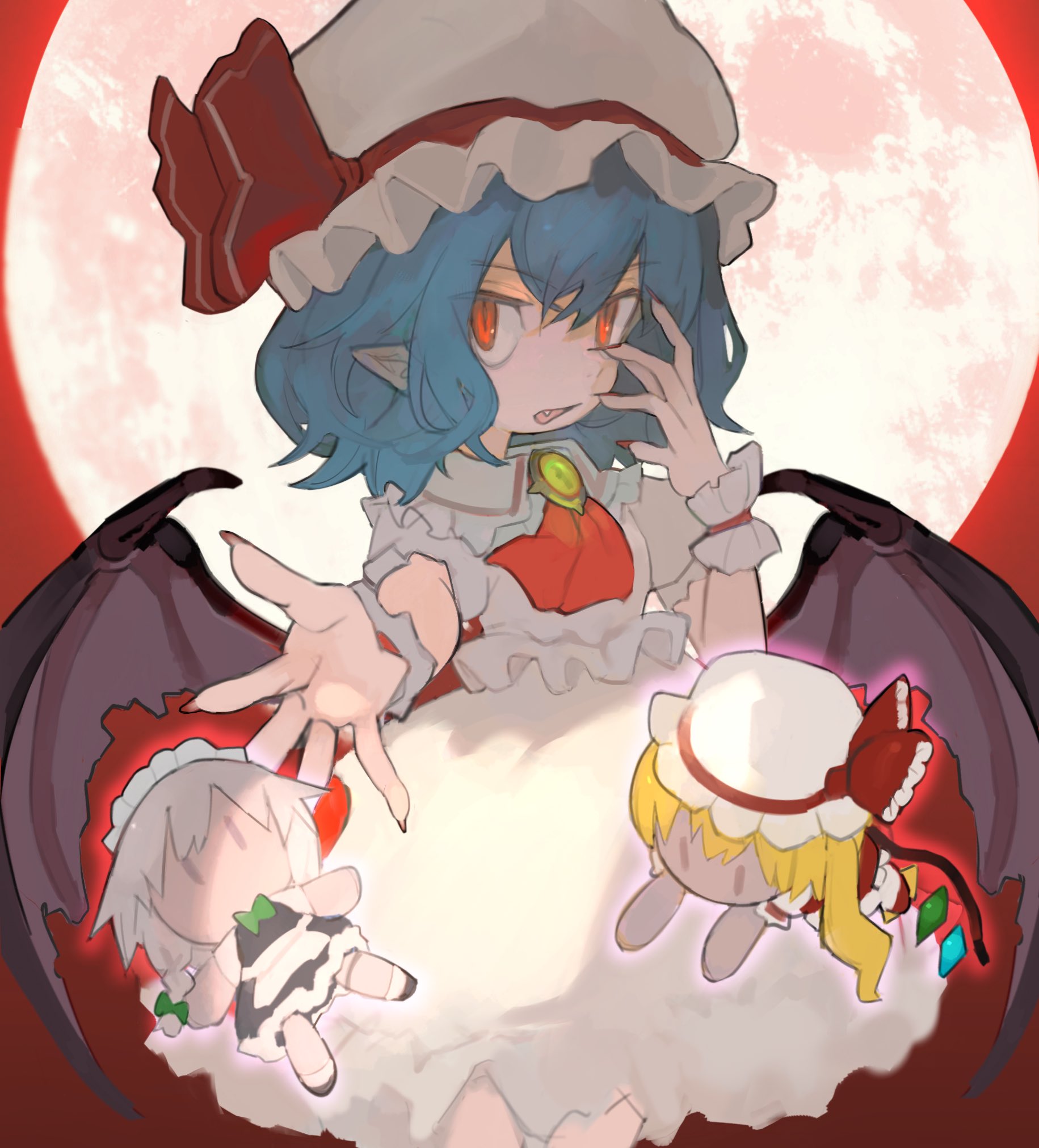 ni (nimame629), flandre scarlet, izayoi sakuya, remilia scarlet, touhou, commentary, highres, 3girls, apron, armband, ascot, bat wings, blonde hair, blue hair, bow, braid, brooch, character doll, collared shirt, cowboy shot, crystal wings, doll, fang, fingernails, floating, frilled armband, frills, from side, green bow, hair bow, hand up, hat, hat bow, jewelry, looking at viewer, maid, maid apron, medium hair, mob cap, moon, multiple girls, open mouth, outstretched hand, pointy ears, red ascot, red bow, red eyes, red moon, red nails, red sky, sharp fingernails, shirt, short hair, short sleeves, sidelocks, sideways glance, single braid, skirt, sky, white armband, white hat, white shirt, white skirt, wings