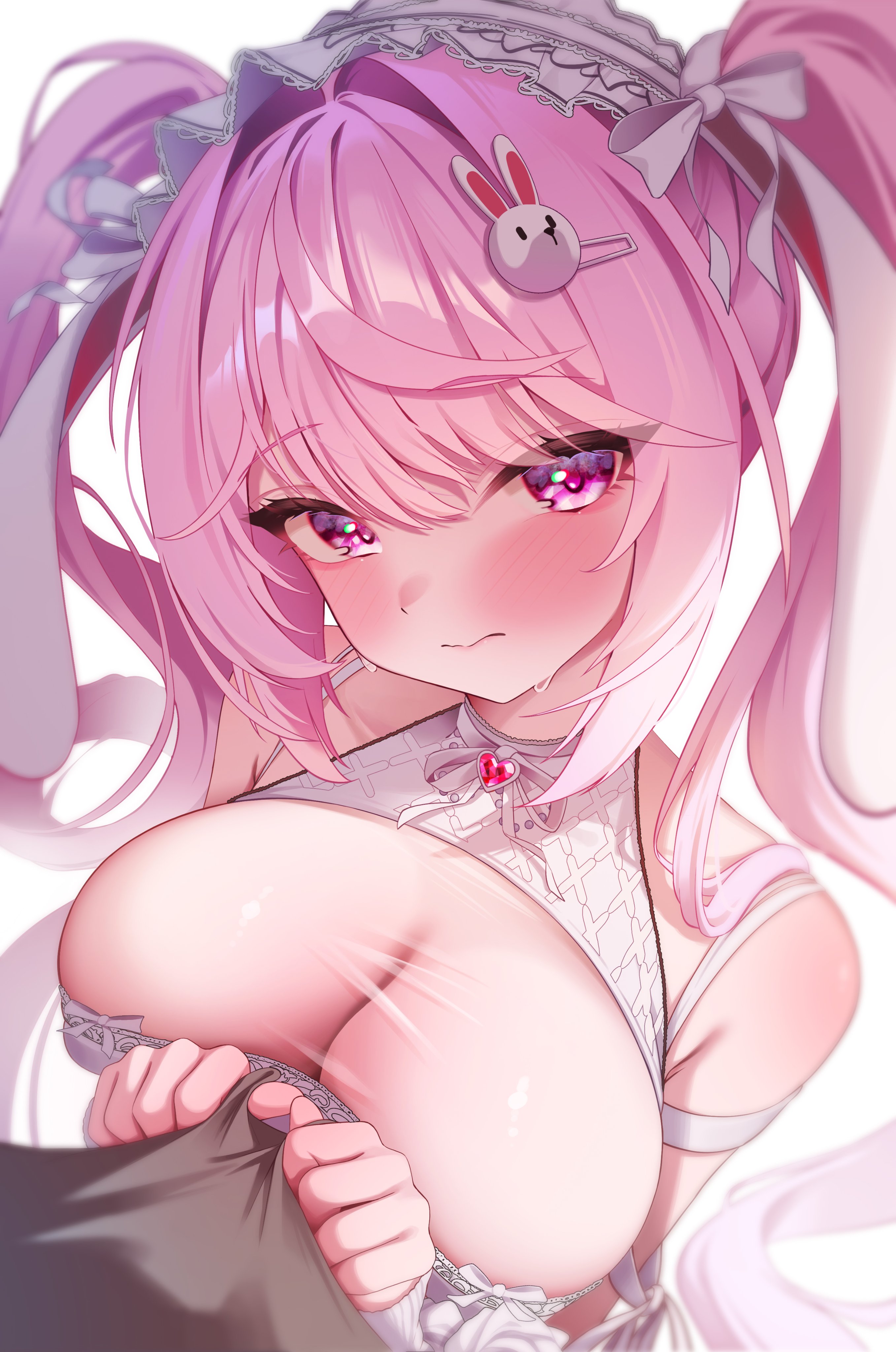 firanstill1, alice (nikke), goddess of victory: nikke, absurdres, commentary, english commentary, highres, 1girl, 1other, alice (marchen dream) (nikke), bare shoulders, blush, breasts, clothes grab, dress, grabbing another's shirt, large breasts, long hair, looking at viewer, official alternate costume, pink eyes, pink hair, see-through cleavage, see-through clothes, simple background, twitter username, very long hair, white background, white dress, white headdress