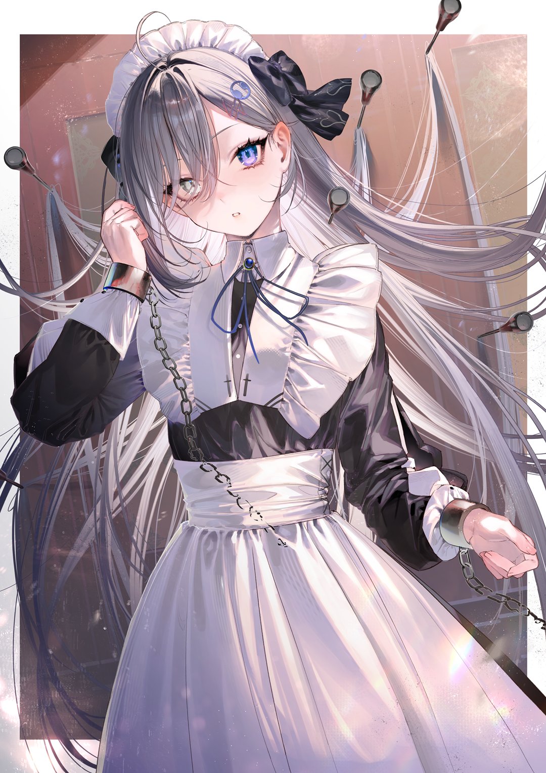 kayahara, yuuki (shibou yuugi), shibou yuugi de meshi o kuu, commentary request, highres, official art, second-party source, 1girl, apron, blush, chain, grey hair, guest art, hair ornament, heterochromia, long hair, looking at viewer, maid, maid apron, maid headdress, solo, very long hair