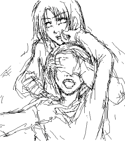 nevada-tan, artist request, lowres, 2girls, bad end, boxcutter, covering own eyes, monochrome, multiple girls, murder, open mouth, sketch, stab