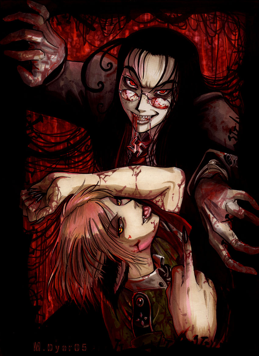 pu-sama, rip van winkle (hellsing), schroedinger (hellsing), hellsing, artist request, 1boy, 1girl, animal ears, blonde hair, blood, cat boy, cat ears, red eyes, swastika, tongue