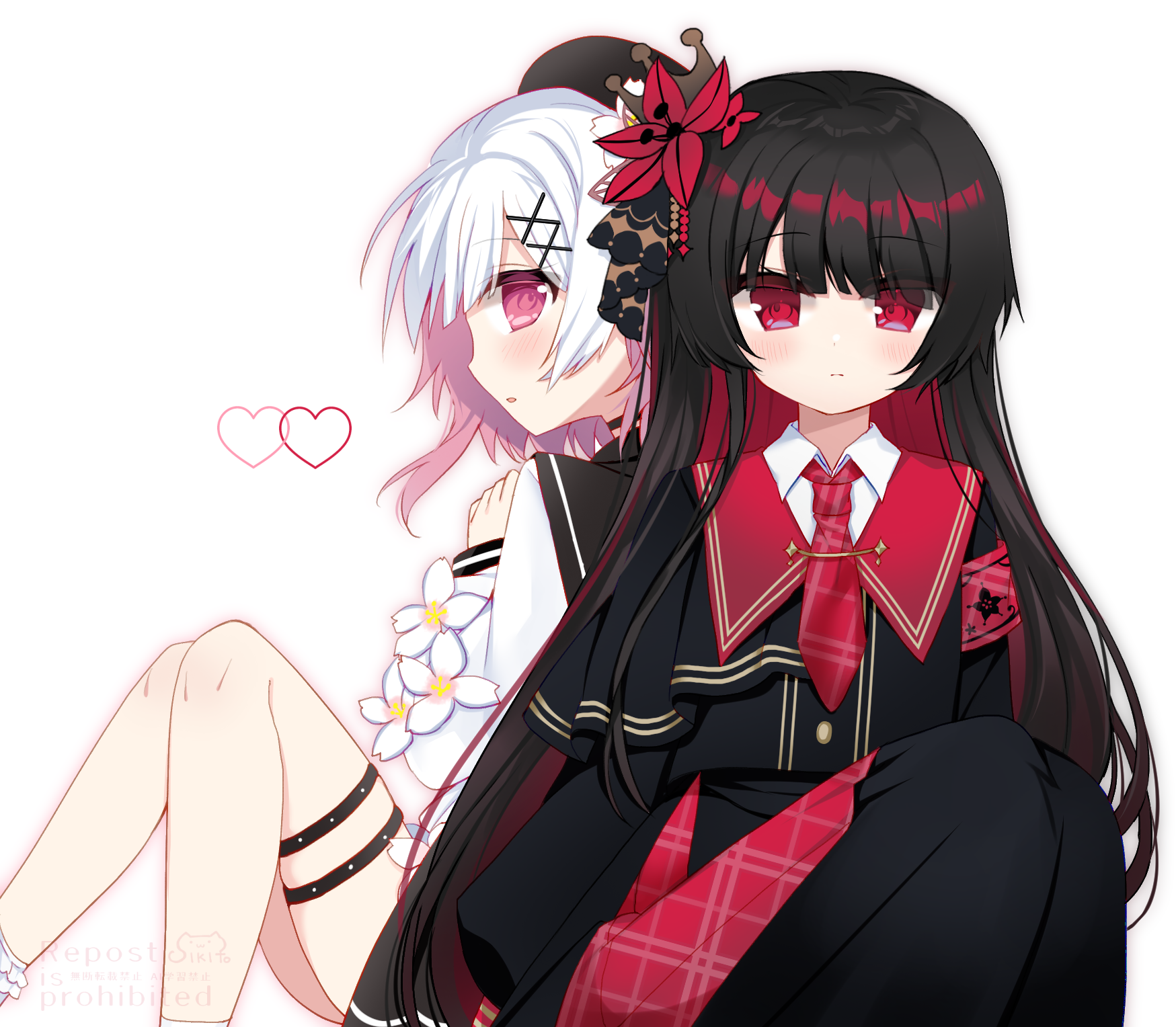 shikito (yawa0w0), nikaido hiro, sakuraba ema, mahou shoujo no majo saiban, commentary request, highres, 2girls, armband, beret, black hair, black hat, black shirt, black skirt, closed mouth, collared shirt, crown, feet out of frame, flower, hair flower, hair ornament, hat, heart, knees up, long hair, long sleeves, looking at viewer, multicolored hair, multiple girls, necktie, pink eyes, pink hair, pleated skirt, profile, red armband, red eyes, red flower, red necktie, shirt, short hair, sitting, skirt, white background, white flower, white hair, x hair ornament