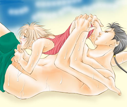 auron, tidus, final fantasy, final fantasy x, lowres, 00s, 2boys, 69, age difference, anal, blonde hair, blush, crossdressing, crossdressing (mtf), fellatio, fingering, male focus, male penetrated, multiple boys, oral, penis, shota, size difference, tears, topless male, yaoi