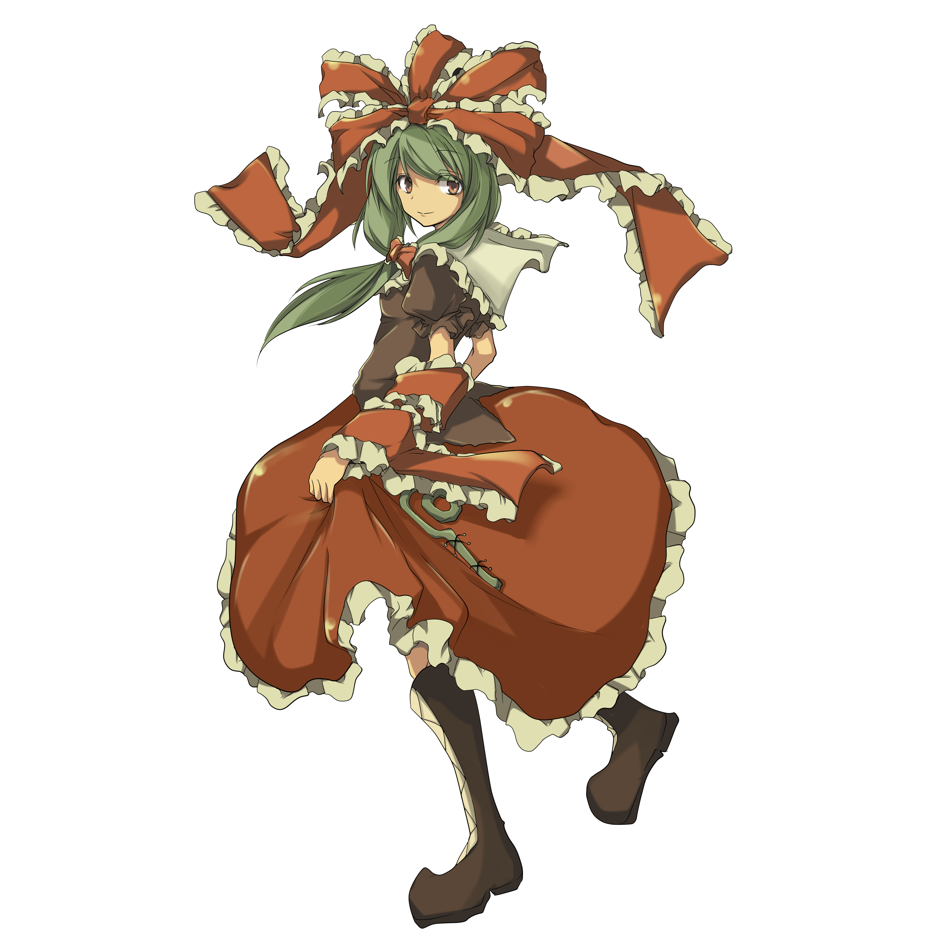 mukuroi, kagiyama hina, touhou, absurdres, highres, 1girl, boots, bow, dress, female focus, front ponytail, full body, green hair, hair bow, hair ribbon, ribbon, solo, transparent background