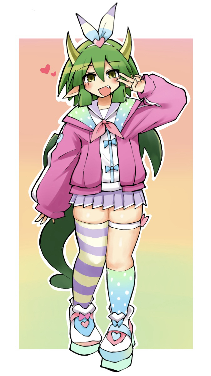 kurokogeee, draco centauros, puyo (puyopuyo), puyopuyo, puyopuyo quest, commentary request, 1girl, arm up, asymmetrical footwear, asymmetrical legwear, blue bow, blue jacket, blue ribbon, blue shoes, blue socks, blush, border, bow, brown eyes, character print, collar, draco centauros (miracle charmy), dragon girl, dragon horns, dragon tail, dragon wings, fang, footwear bow, gradient background, gradient clothes, gradient jacket, gradient socks, green background, green hair, green jacket, green socks, hair between eyes, hair ornament, hair ribbon, hairband, heart, heart hair ornament, heart print, horns, jacket, kneehighs, long sleeves, looking at viewer, mismatched footwear, mismatched legwear, multicolored shoes, neckerchief, official alternate costume, open mouth, orange background, outline, pink background, pink bow, pink hairband, pink jacket, pink neckerchief, pink shoes, pleated skirt, pointy ears, polka dot, polka dot jacket, polka dot socks, purple collar, purple ribbon, purple skirt, purple thighhighs, ribbon, shirt, shirt bow, shoes, short hair, simple background, skirt, sleeves past wrists, smile, socks, solo, striped clothes, striped ribbon, striped thighhighs, tail, thick thighs, thigh bow, thigh strap, thighhighs, thighs, two-sided fabric, two-sided jacket, v, white border, white jacket, white outline, white shirt, white shoes, white socks, white straps, white trim, wings, yellow background, yellow ribbon, yellow thighhighs