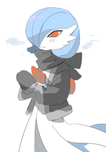 raine (acke2445), gardevoir, nintendo, pokemon, commentary, lowres, alternate color, black jacket, black mittens, black scarf, blue hair, bob cut, breath, clothed pokemon, cold, colored skin, gen 3 pokemon, hair over one eye, happy, jacket, light smile, mittens, no humans, official alternate color, one eye covered, own hands together, pokemon (creature), pokemon focus, red eyes, scarf, shiny pokemon, solo, white background, white skin