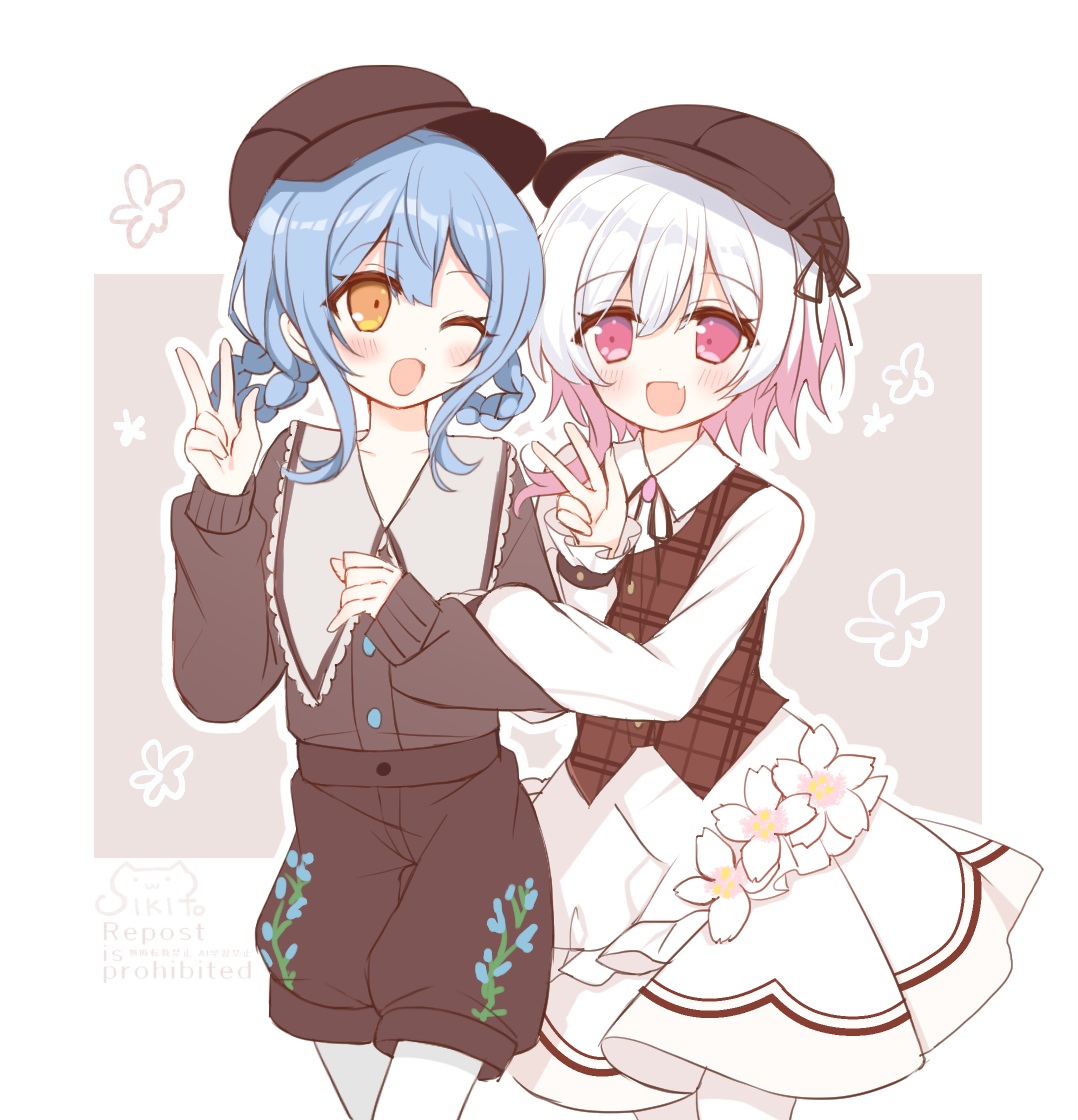 shikito (yawa0w0), sakuraba ema, tachibana sherry, mahou shoujo no majo saiban, commentary request, 2girls, ;d, blue hair, braid, braided hair rings, brown hat, brown shirt, brown shorts, brown vest, cherry blossoms, collared shirt, cowboy shot, dress, floral print, hair rings, hat, long sleeves, looking at another, looking at viewer, multicolored hair, multiple girls, official alternate costume, one eye closed, open mouth, pantyhose, pink eyes, pink hair, shirt, short hair, shorts, smile, standing, treasure cafe, vest, w, white dress, white hair, white pantyhose, yellow eyes