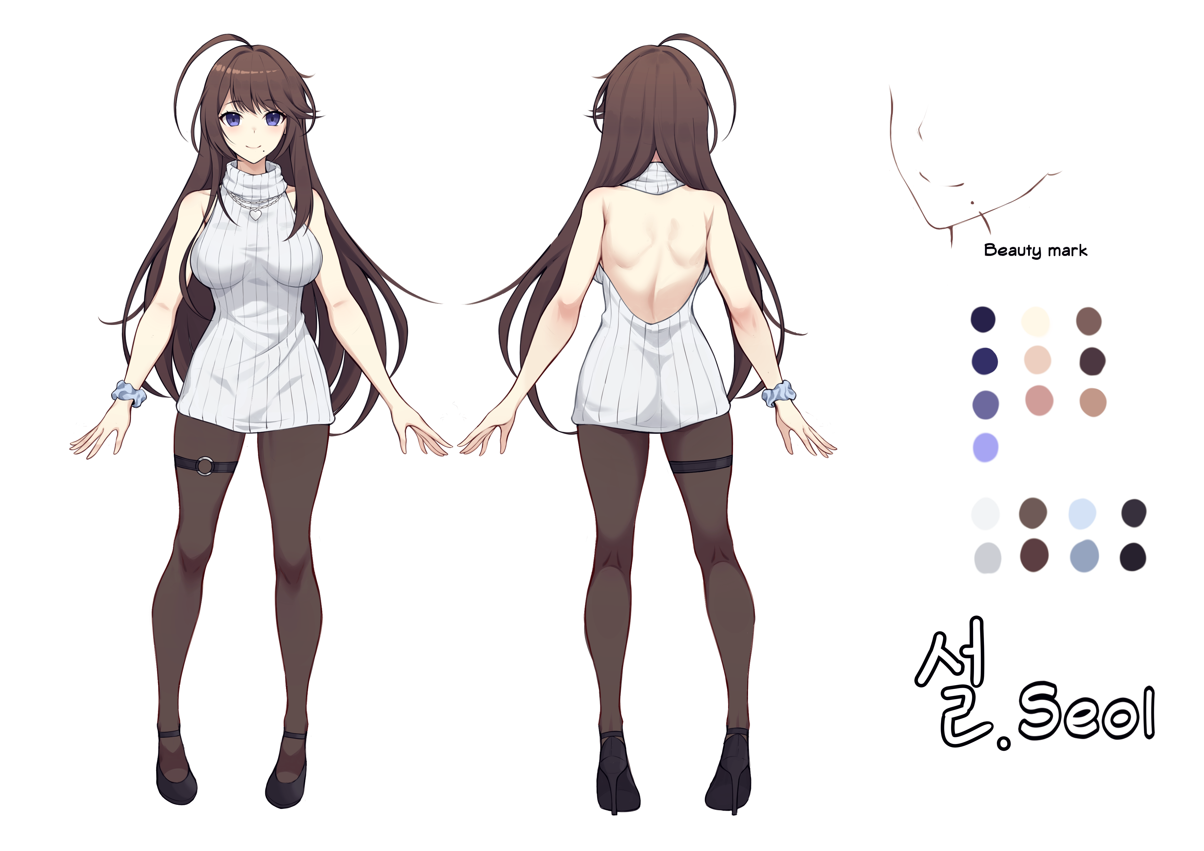 jo an, original, absurdres, commentary, commission, english commentary, highres, pixiv commission, 1girl, ahoge, back, backless outfit, black pantyhose, black shoes, blue eyes, breasts, brown hair, character name, color guide, front and back, large breasts, long hair, mole, mole under mouth, multiple views, o-ring, o-ring thigh strap, pantyhose, reference sheet, scrunchie, shoes, simple background, sleeveless, sleeveless sweater, solo, sweater, thigh strap, white background, white sweater, wrist scrunchie