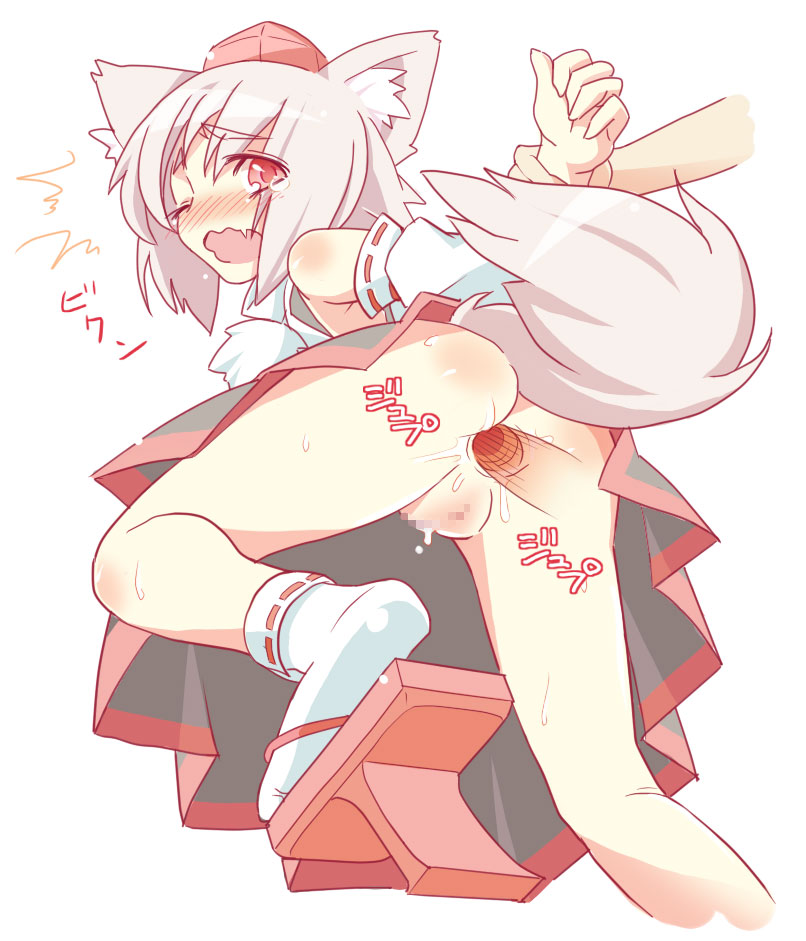 soratobu zippo, inubashiri momiji, touhou, arm grab, silver hair, 1girl, anal, animal ears, anus, arm held back, blush, censored, detached sleeves, doggystyle, from behind, geta, hat, invisible penis, legs, no panties, open mouth, penis, pussy, red eyes, sex, sex from behind, short hair, solo, sweat, tail, tengu-geta, tokin hat, wince, wolf ears, wolf tail