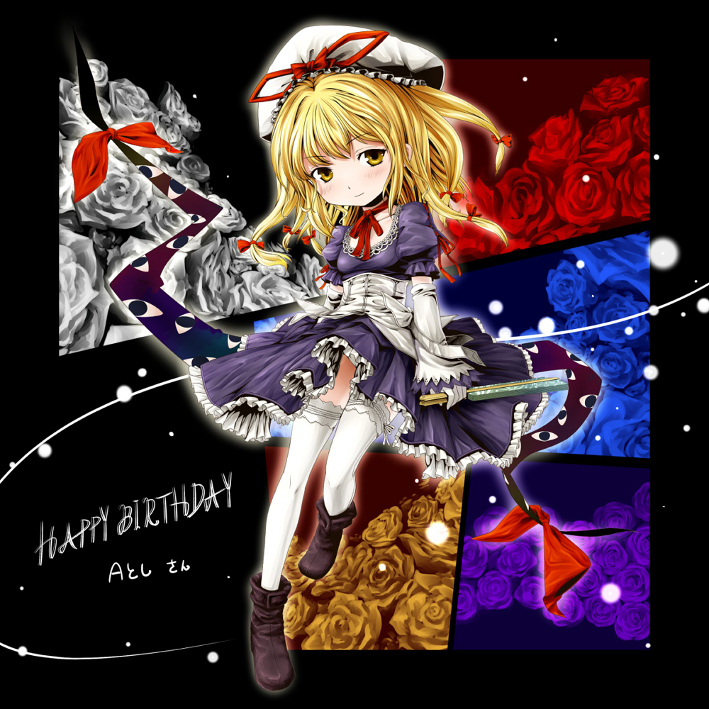 captain freedom, yakumo yukari, yakumo yukari (young), touhou, bad id, bad pixiv id, 1girl, aged down, blonde hair, blue flower, blue rose, female focus, flower, gap (touhou), gloves, hat, purple flower, purple rose, red flower, red rose, rose, short hair, solo, white flower, white rose, yellow flower, yellow rose