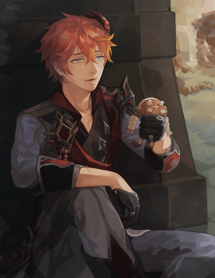 driftwoodwolf, ruin guard (genshin impact), tartaglia (genshin impact), genshin impact, commentary, english commentary, 1boy, against wall, aqua eyes, arm on knee, black boots, black gloves, boots, crossed bangs, feet out of frame, floor, gloves, grey jacket, grey pants, hair between eyes, hand up, holding, holding stuffed toy, indoors, jacket, jewelry, knee up, light particles, lower teeth only, male focus, mask, mask on head, nose, on floor, orange hair, pants, parted lips, red mask, ring, short hair, sidelighting, sitting, solo, stuffed animal, stuffed toy, teeth, three-quarter sleeves