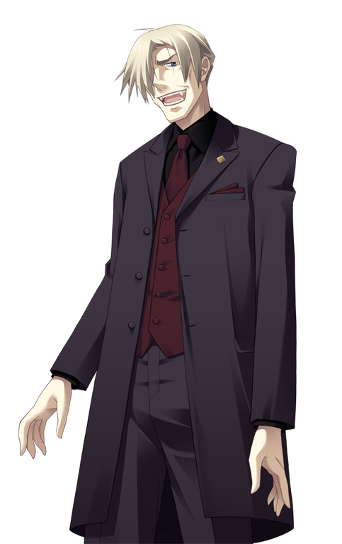 matsuo yukihiro, chaos;head, science adventure, game cg, official art, 1boy, 1girl, 2000s (style), ahoge, asymmetrical hair, black coat, black jacket, black pants, black shirt, blonde hair, coat, collared shirt, evil grin, evil smile, fangs, grin, hair over one eye, jacket, lapel pin, lapels, long sleeves, looking at viewer, male focus, necktie, norose gen'ichi, open mouth, pants, peaked lapels, red necktie, red vest, shirt, short hair, smile, solo, sprite, transparent background, v-shaped eyebrows, vest