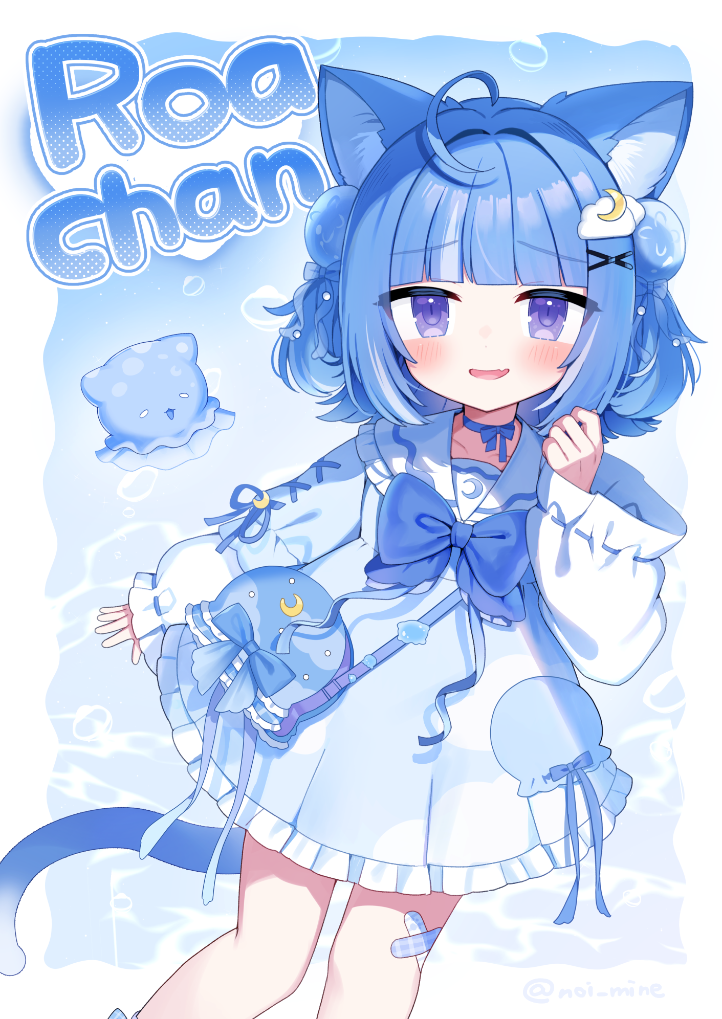 noi mine, kurageu roa, indie virtual youtuber, commentary request, highres, 1girl, :d, ahoge, animal ears, blue background, blue bow, blue bowtie, blue choker, blue hair, blunt bangs, blush, border, bow, bowtie, cat ears, cat girl, cat tail, character name, choker, cloud hair ornament, collarbone, cross-laced clothes, cross-laced sleeves, double bun, dress, fang, feet out of frame, frilled dress, frilled sailor collar, frills, hair bow, hair bun, hair intakes, hair ornament, hand up, long sleeves, looking at viewer, open mouth, outside border, purple eyes, sailor collar, sailor dress, short hair, skin fang, smile, solo, standing, tail, twitter username, virtual youtuber, white border, white dress, white sailor collar, wide sleeves, x hair ornament