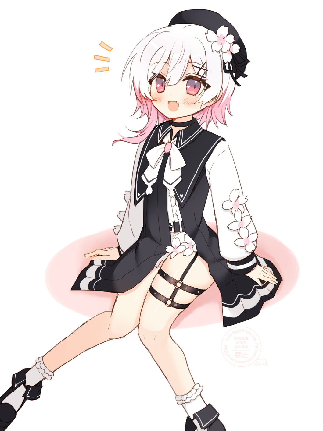 shikito (yawa0w0), sakuraba ema, mahou shoujo no majo saiban, commentary request, highres, 1girl, :d, belt, beret, black belt, black choker, black dress, black hat, black shoes, cherry blossoms, choker, dress, fang, flower, foot out of frame, hair flower, hair ornament, hat, long sleeves, looking at viewer, multicolored hair, neck ribbon, o-ring, o-ring thigh strap, open mouth, pink eyes, pink hair, ribbon, shirt, shoes, short hair, shorts, sitting, smile, socks, solo, thigh strap, white background, white flower, white hair, white ribbon, white shirt, white shorts, white socks, x hair ornament