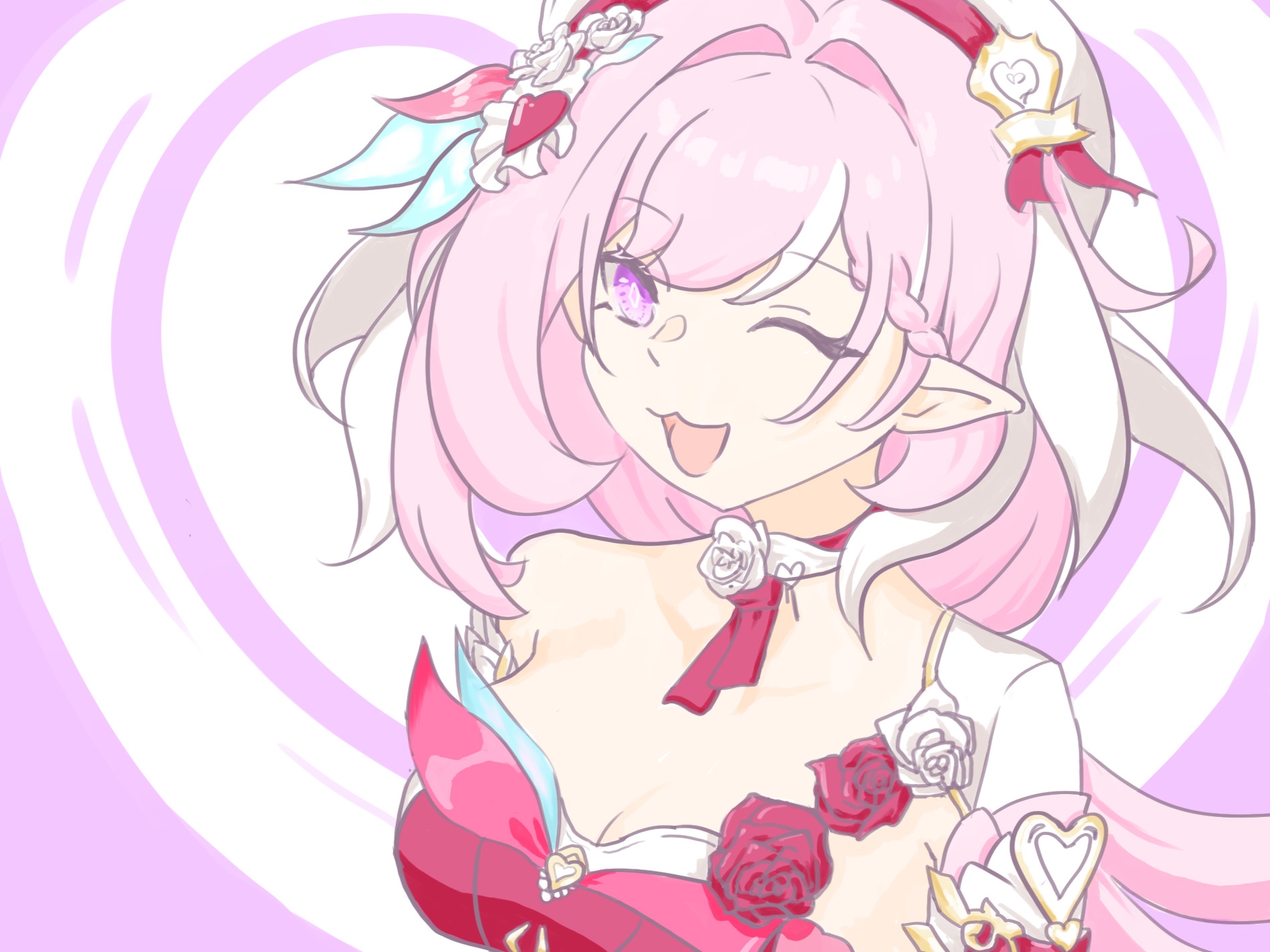 mooon, elysia (hi love elf) (honkai impact), elysia (honkai impact), honkai (series), honkai impact 3rd, chinese commentary, commentary request, highres, 1girl, bare shoulders, beret, breasts, cleavage, diamond-shaped pupils, diamond (shape), dress, elf, hat, heart, heart background, large breasts, long hair, looking at viewer, multicolored hair, pink hair, pointy ears, purple eyes, red dress, solo, symbol-shaped pupils, two-tone hair, upper body, very long hair, white hair