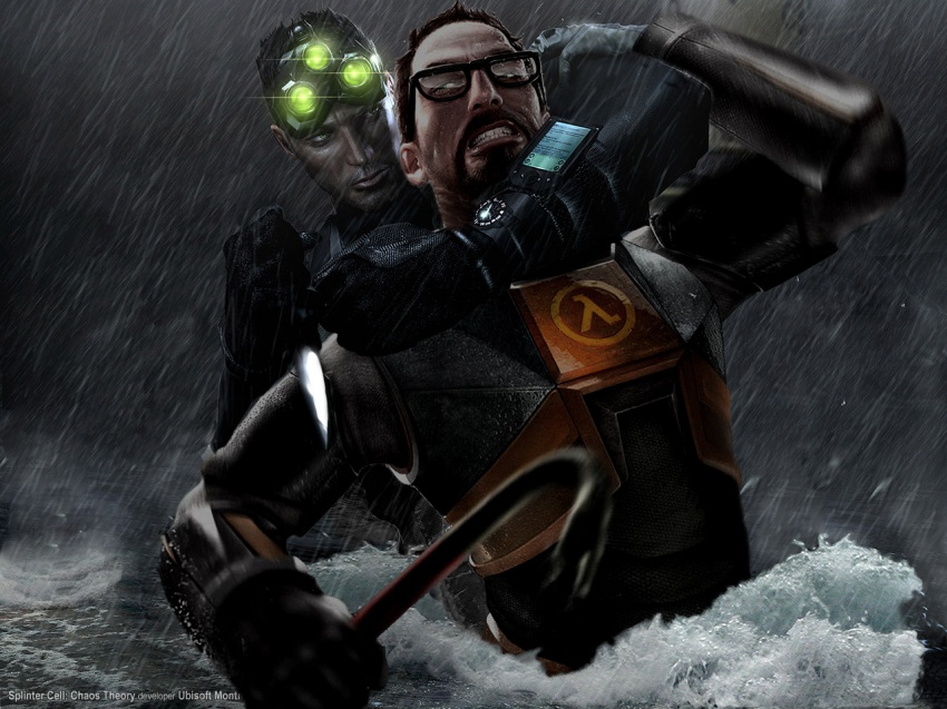 gordon freeman, sam fisher, half-life, half-life (series), half-life 2, splinter cell, concept art, third-party edit, 2boys, armor, asphyxiation, battle, body armor, bulletproof vest, choke hold, crossover, crowbar, epic, glasses, holding, holding crowbar, knife, mercenary, military, military uniform, multiple boys, paramilitary, parody, pda, rain, strangling, surprised, teeth, vest, water, weapon