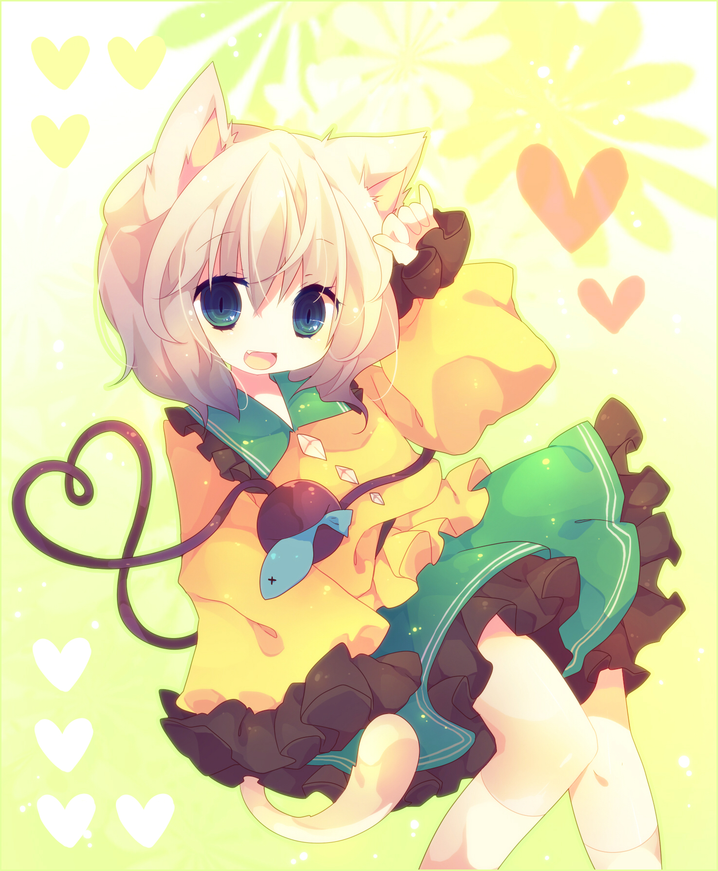ana (rznuscrf), komeiji koishi, touhou, silver hair, highres, 1girl, animal ears, blue eyes, cat ears, cat girl, cat tail, fang, female focus, fish, heart, heart of string, kemonomimi mode, m/, no headwear, short hair, smile, socks, solo, tail