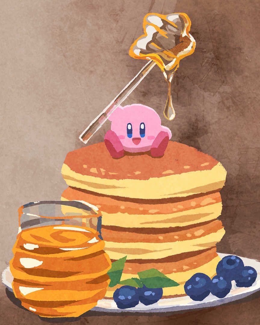 miclot, kirby, kirby (series), nintendo, commentary, :d, blue eyes, blueberry, blush stickers, brown background, food, fruit, honey, no humans, open mouth, pancake, pancake stack, sitting, smile