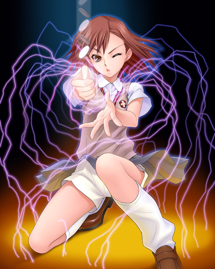 mami akira, misaka mikoto, toaru kagaku no railgun, toaru majutsu no index, 00s, brown eyes, brown hair, coin, electricity, electrokinesis, flipping coin, kneeling, loose socks, one eye closed, school uniform, short hair, shorts, socks, solo, sweater vest, vest, wink