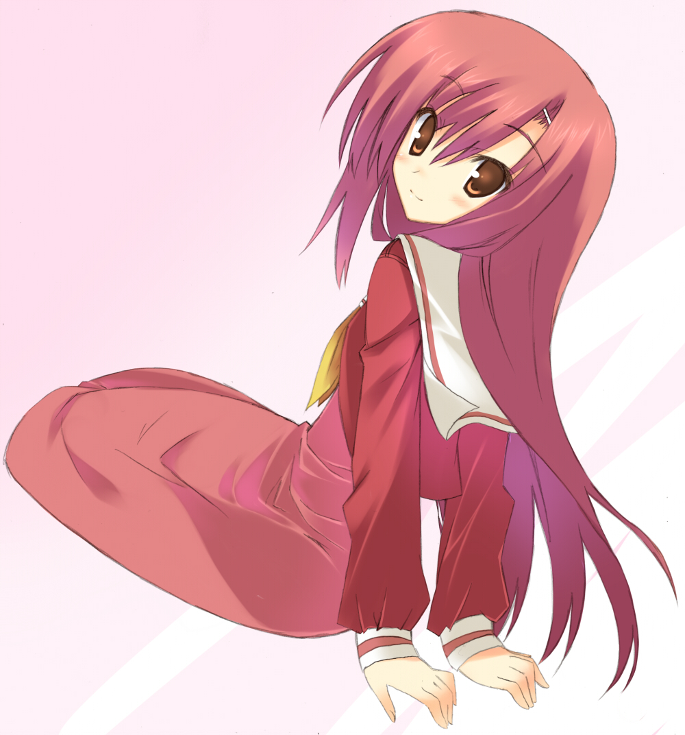 kuwashima rein, katsura hinagiku, hayate no gotoku!, 00s, brown eyes, kneeling, long hair, looking back, red hair, school uniform, serafuku, solo