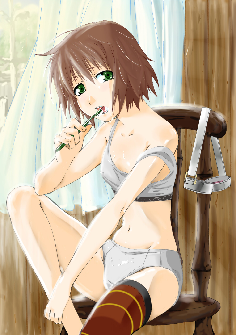 poo77, rita mordio, tales of (series), tales of vesperia, highres, 00s, 1girl, bare shoulders, brown hair, brushing teeth, chair, curtains, female focus, flat chest, goggles, green eyes, panties, sexually suggestive, short hair, sitting, solo, sports bra, strap slip, thighhighs, toothbrush, toothpaste, underwear, underwear only, wind