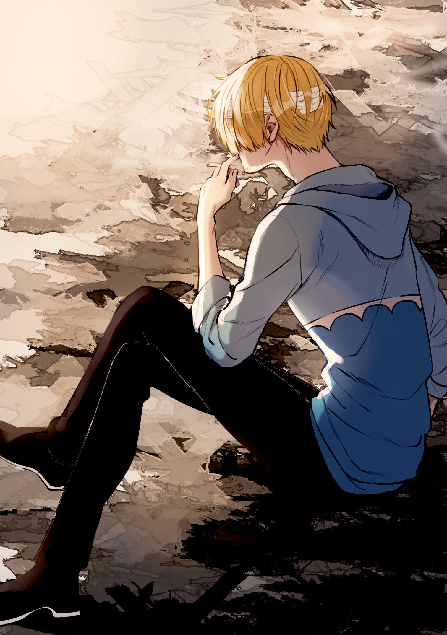goma1132, sanji (one piece), one piece, commentary request, highres, 1boy, bandaged head, bandages, black pants, blonde hair, blue shirt, cigarette, crossed legs, facing away, full body, grey background, hood, hood down, male focus, pants, shirt, short hair, smoking, solo