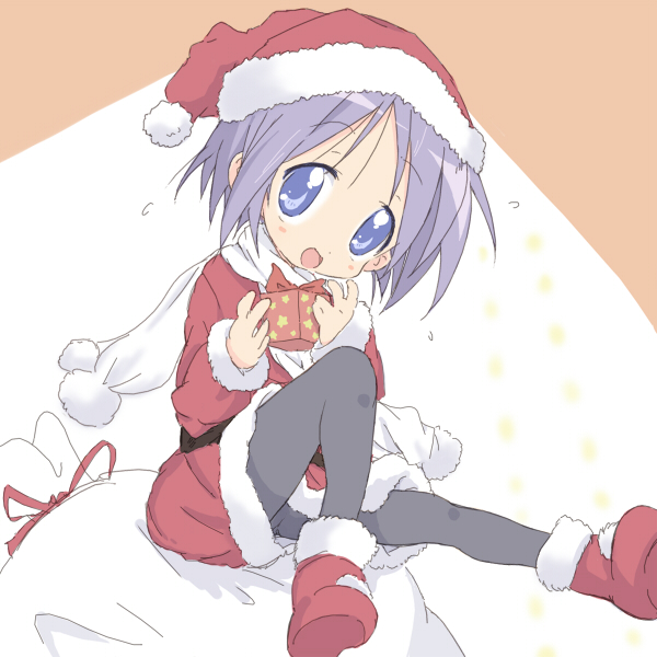 core (mayomayo), hiiragi tsukasa, lucky star, bad id, bad pixiv id, 00s, 1girl, blue eyes, christmas, female focus, gift, hat, holding, holding gift, pantyhose, purple hair, santa costume, santa hat, scarf, short hair, solo