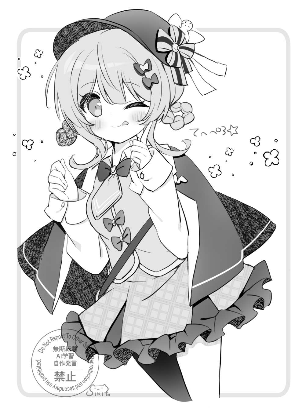 shikito (yawa0w0), tachibana sherry, mahou shoujo no majo saiban, commentary request, highres, translation request, 1girl, ;p, bow, braid, braided hair rings, capelet, closed mouth, collared shirt, cowboy shot, cropped legs, deerstalker, frilled skirt, frills, greyscale, hair bow, hair rings, hands up, hat, long sleeves, looking at viewer, miniskirt, monochrome, one eye closed, shirt, short hair, single leg pantyhose, skirt, smile, solo, standing, star (symbol), tongue, tongue out, vest, white background