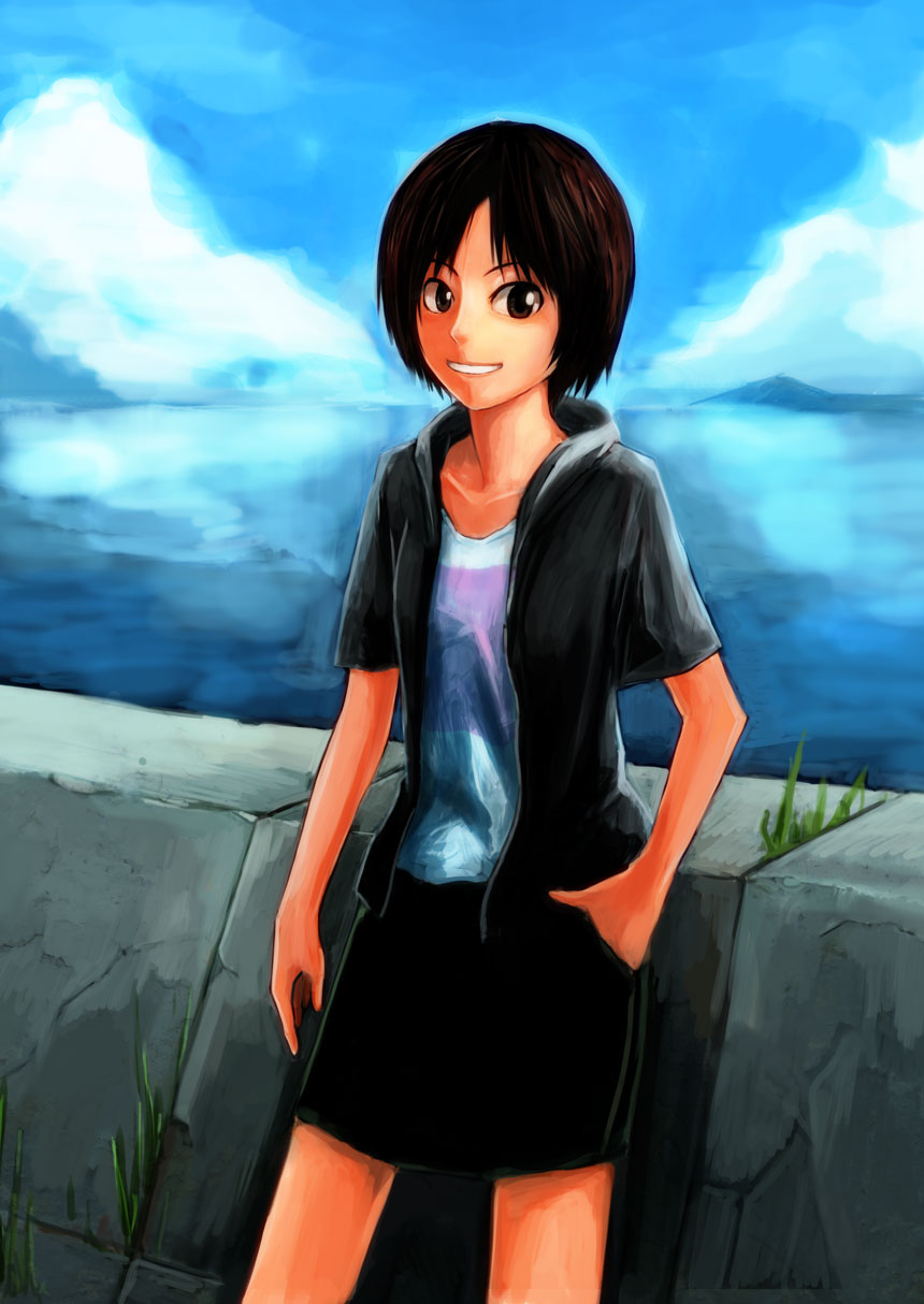 kaoru348, tachibana miya, amagami, highres, 1girl, bob cut, brown eyes, brown hair, cloud, day, female focus, hand in pocket, hood, hoodie, ocean, outdoors, short hair, skirt, sky, smile, solo