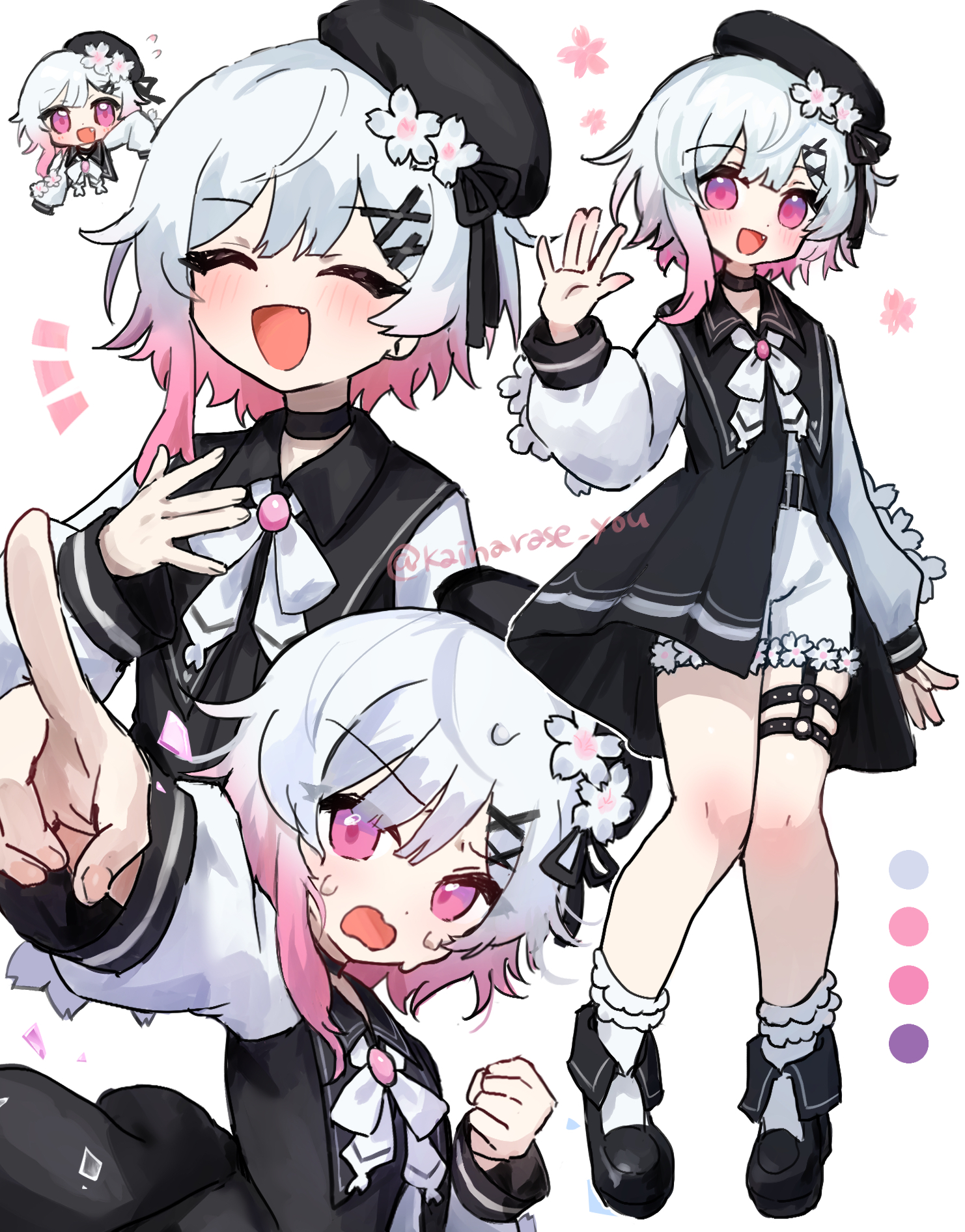 ro/ku, sakuraba ema, mahou shoujo no majo saiban, commentary request, highres, 1girl, ||/, belt, beret, black belt, black choker, black dress, black hat, black shoes, bloomers, choker, dress, fang, flower, flower ornament, gradient hair, hair flower, hair ornament, hat, hat flower, magical girl, multicolored hair, multiple views, open mouth, pink eyes, pointing, shirt, shoes, simple background, smile, socks, sweat, thigh strap, underwear, white background, white flower, white hair, white shirt, white socks, x hair ornament